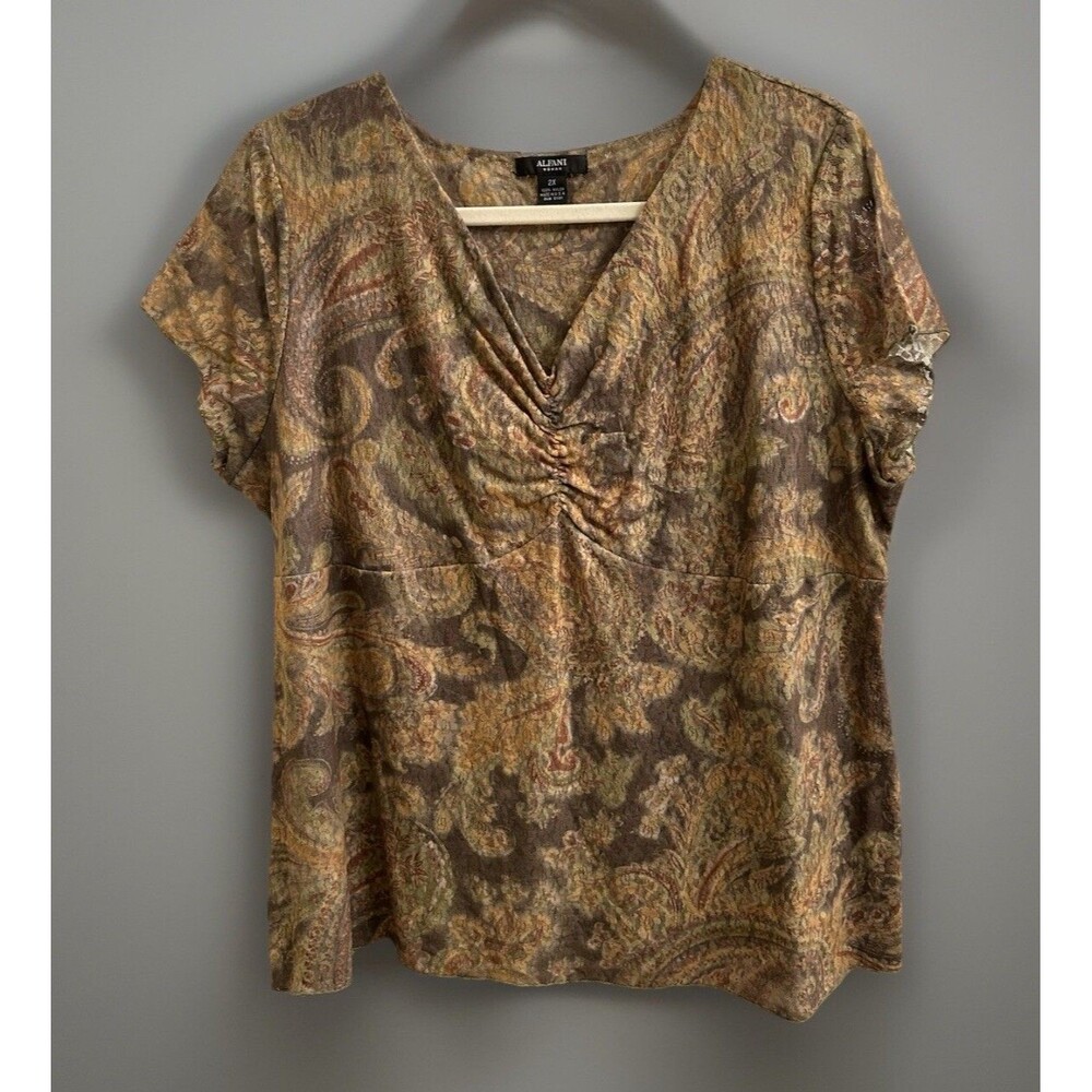 Alfani Woman Green Paisley Empire Waist Cap Sleeve Mesh Top 2X Y2K  Fairy Core